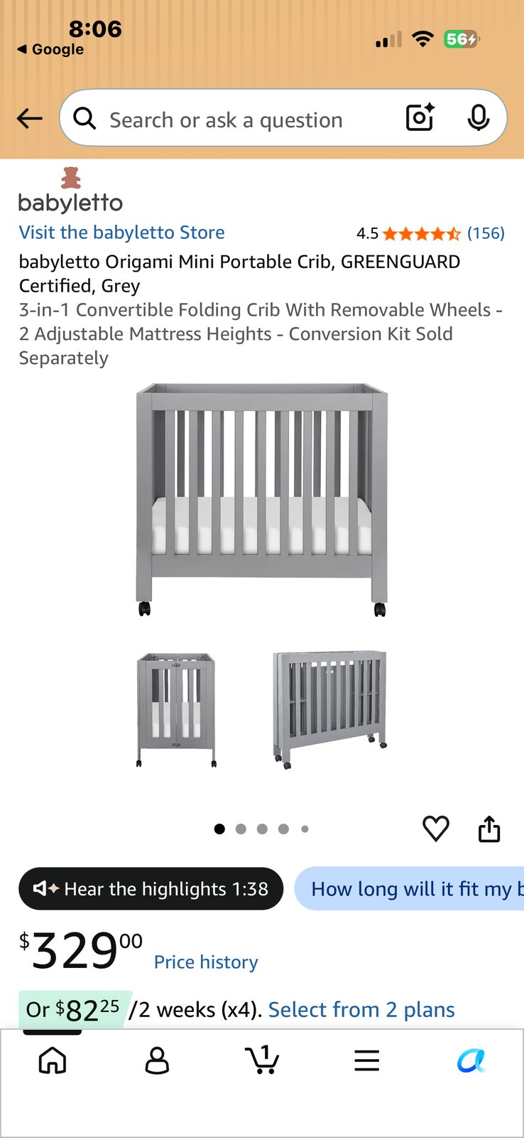 Babyletto Origami Mini Portable Crib and Baby Mattress